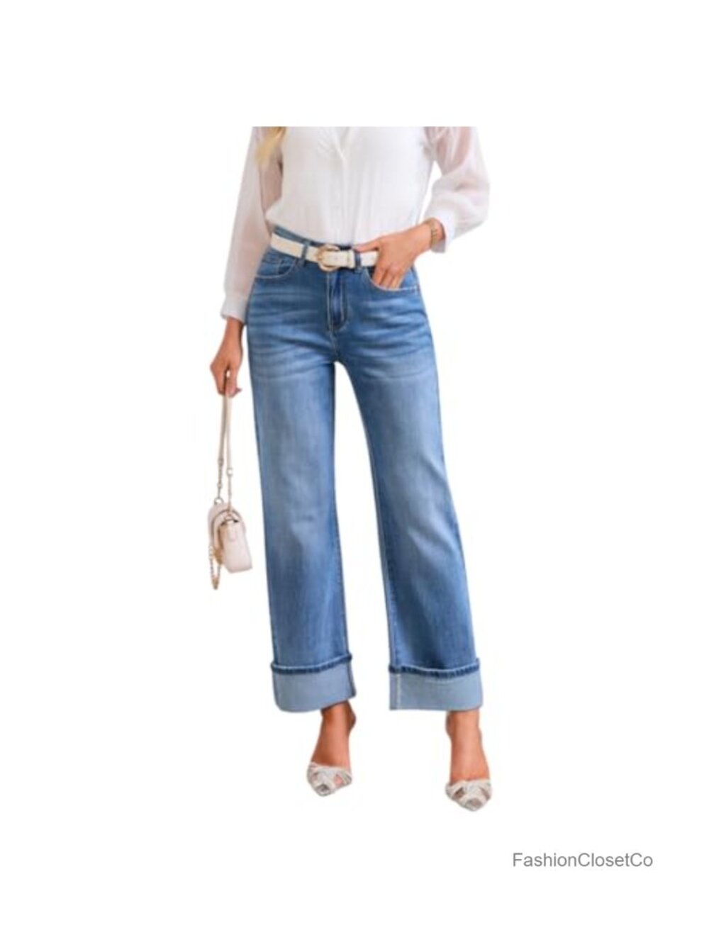 Wide Leg High Waisted Stretchy Cuffed Jeans for Women Trendy Straight Leg